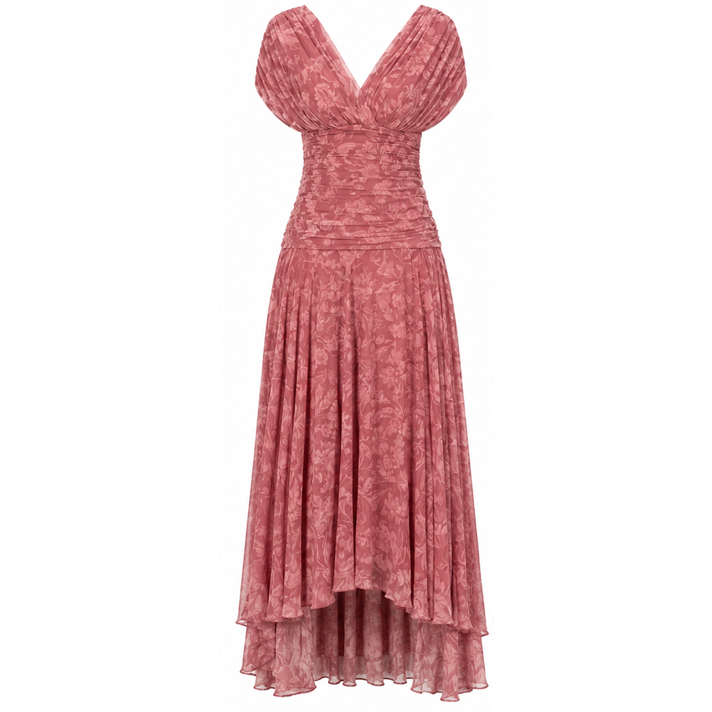 Pink off-shoulder pleated maxi dress with draped neckline and layered skirt