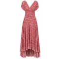 Pink off-shoulder pleated maxi dress with draped neckline and layered skirt