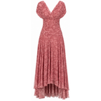 Pink off-shoulder pleated maxi dress with draped neckline and layered skirt