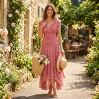 Pink off-shoulder pleated maxi dress, draped neckline with fitted waist