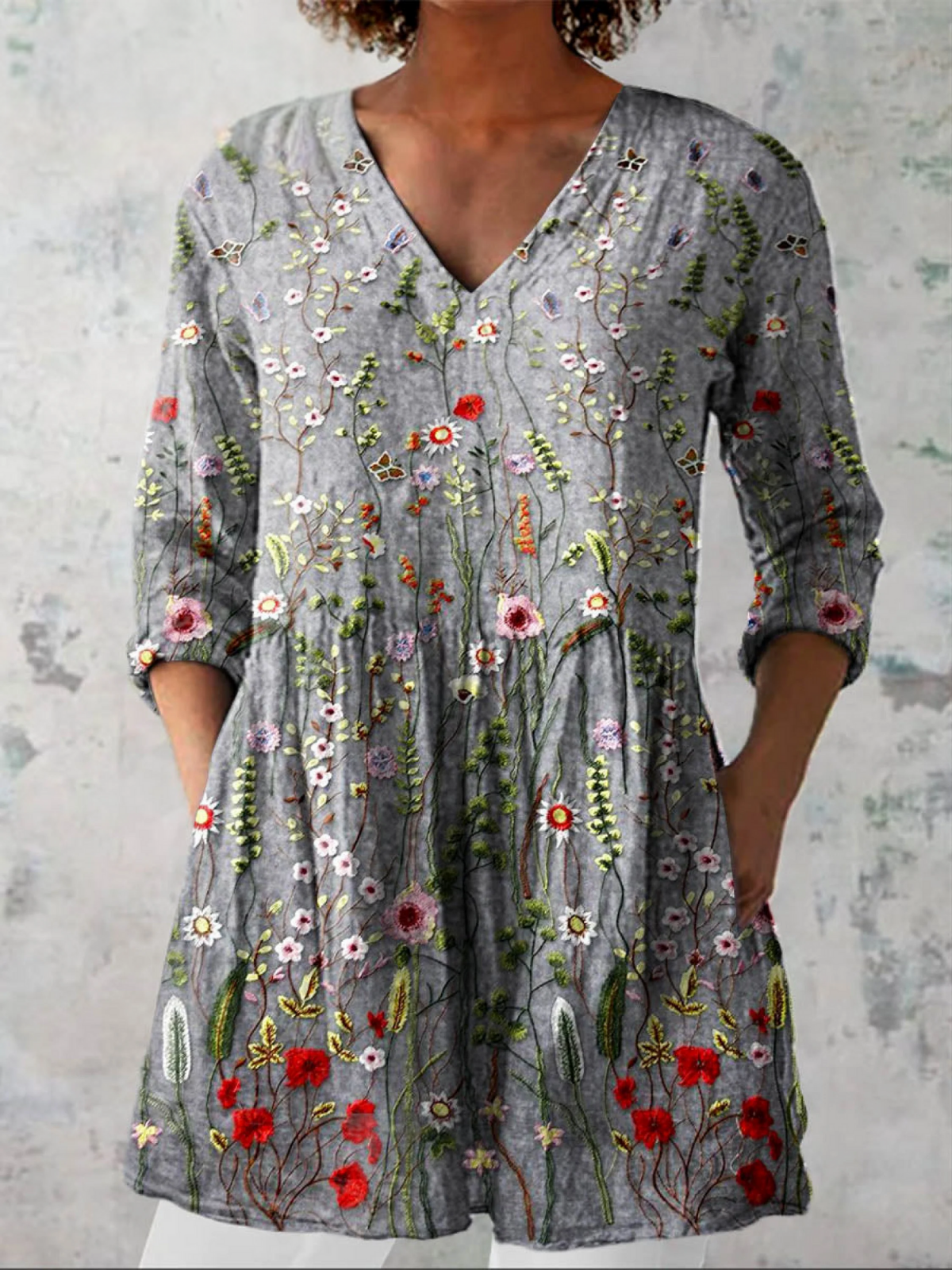 Women's Long Lightweight V-Neck Drapey Blouse Fluid Relaxed Fit