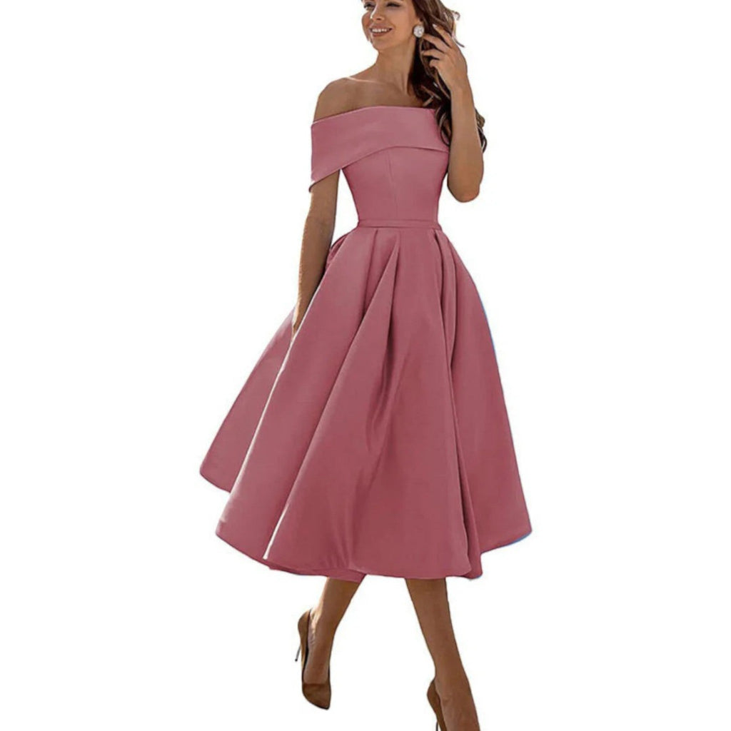 Dusty rose off-shoulder midi cocktail dress with gathered waist and flared hem