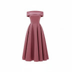 Pink off-shoulder midi cocktail dress with fitted bodice and pleated flared skirt