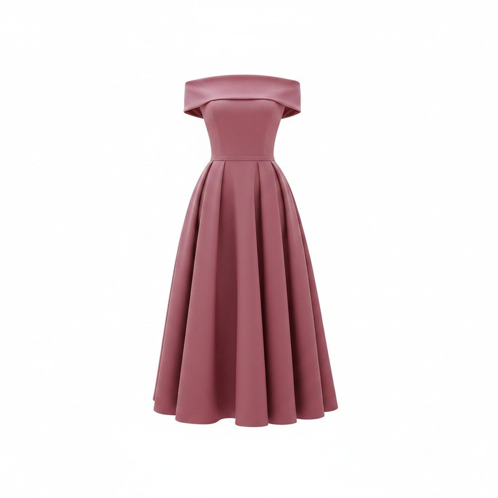 Pink off-shoulder midi cocktail dress with fitted bodice and pleated flared skirt