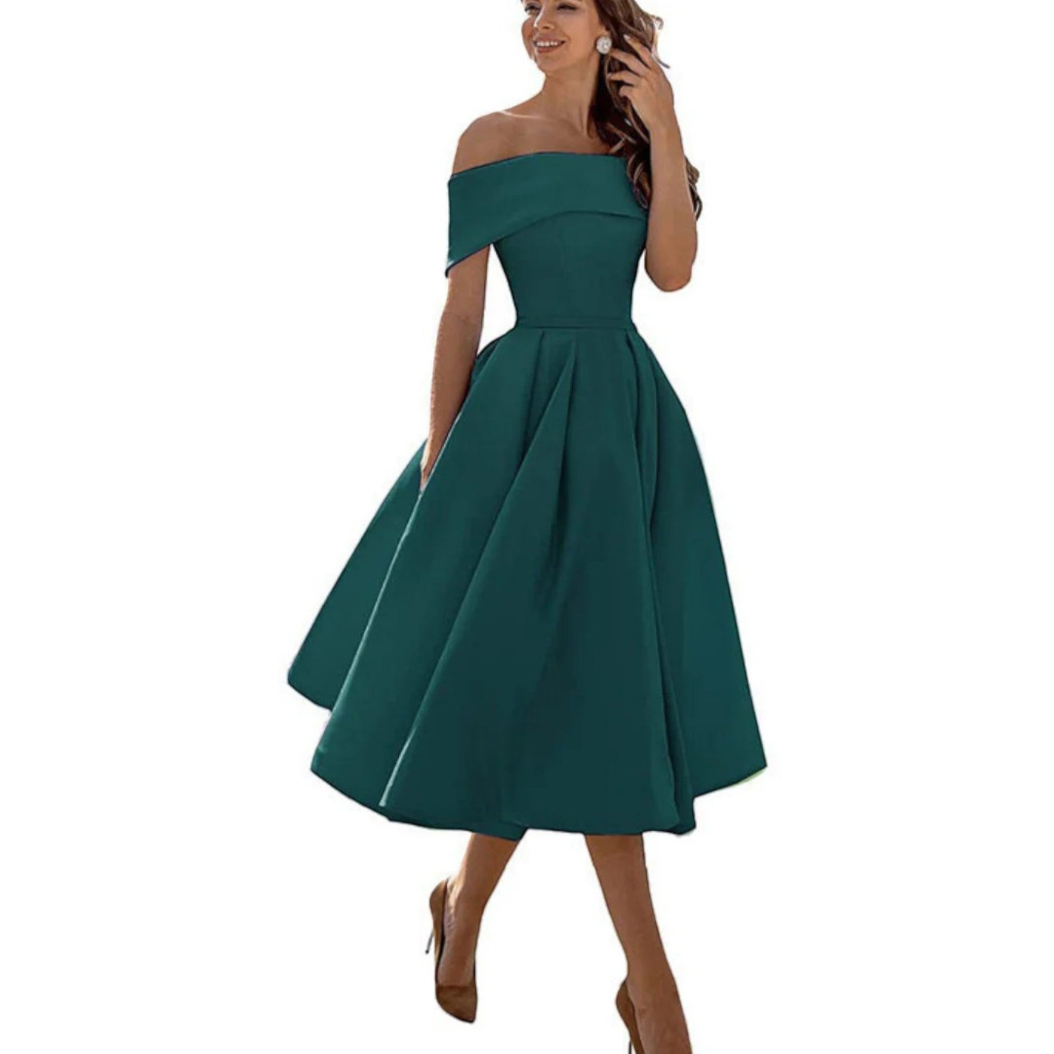 Off-shoulder midi cocktail dress in teal green, fitted bodice and pleated A-line skirt.