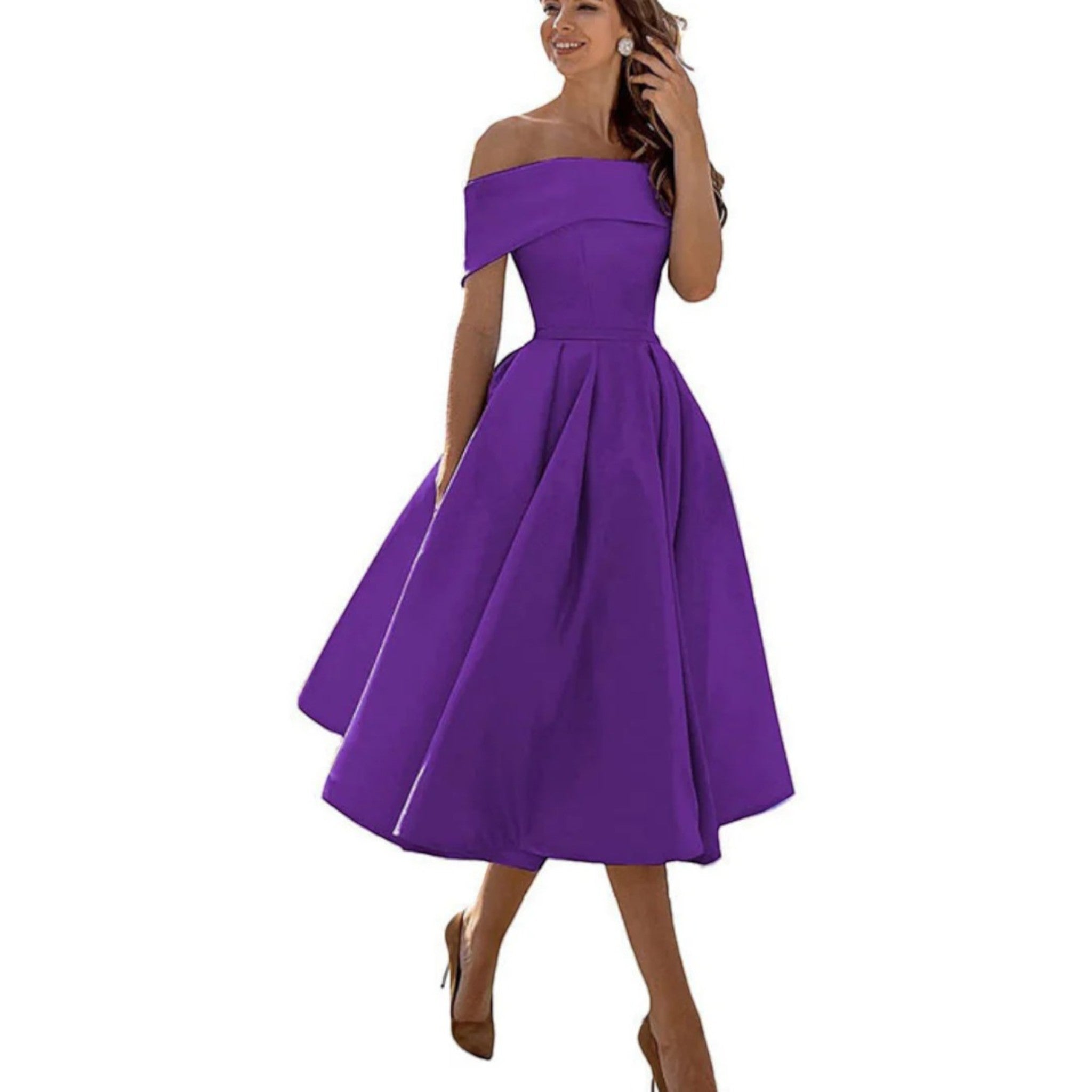 Women's off-shoulder midi cocktail dress in purple with fitted bodice and full flared skirt.