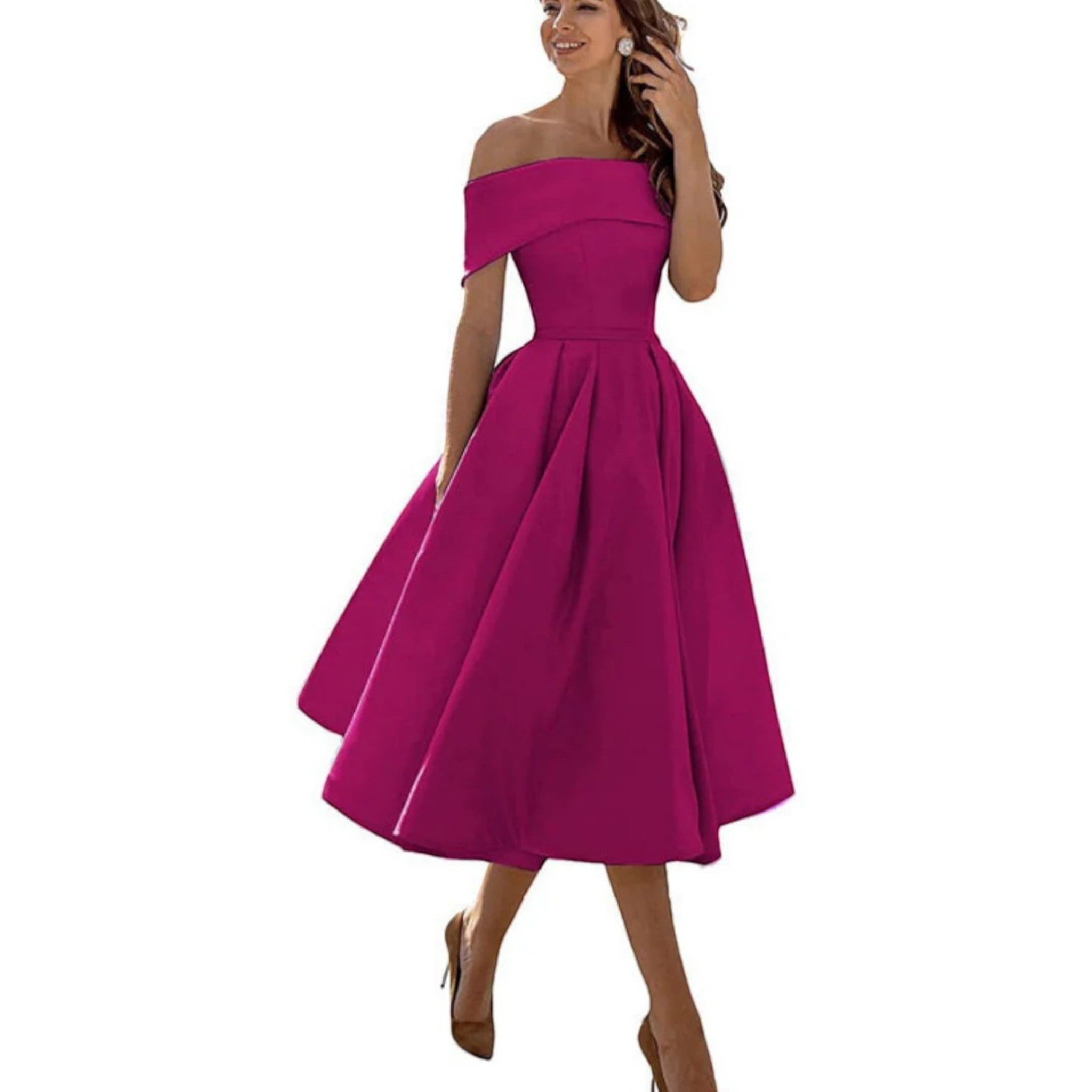 Women's off-shoulder midi cocktail dress in fuchsia with fitted bodice and full flared skirt.