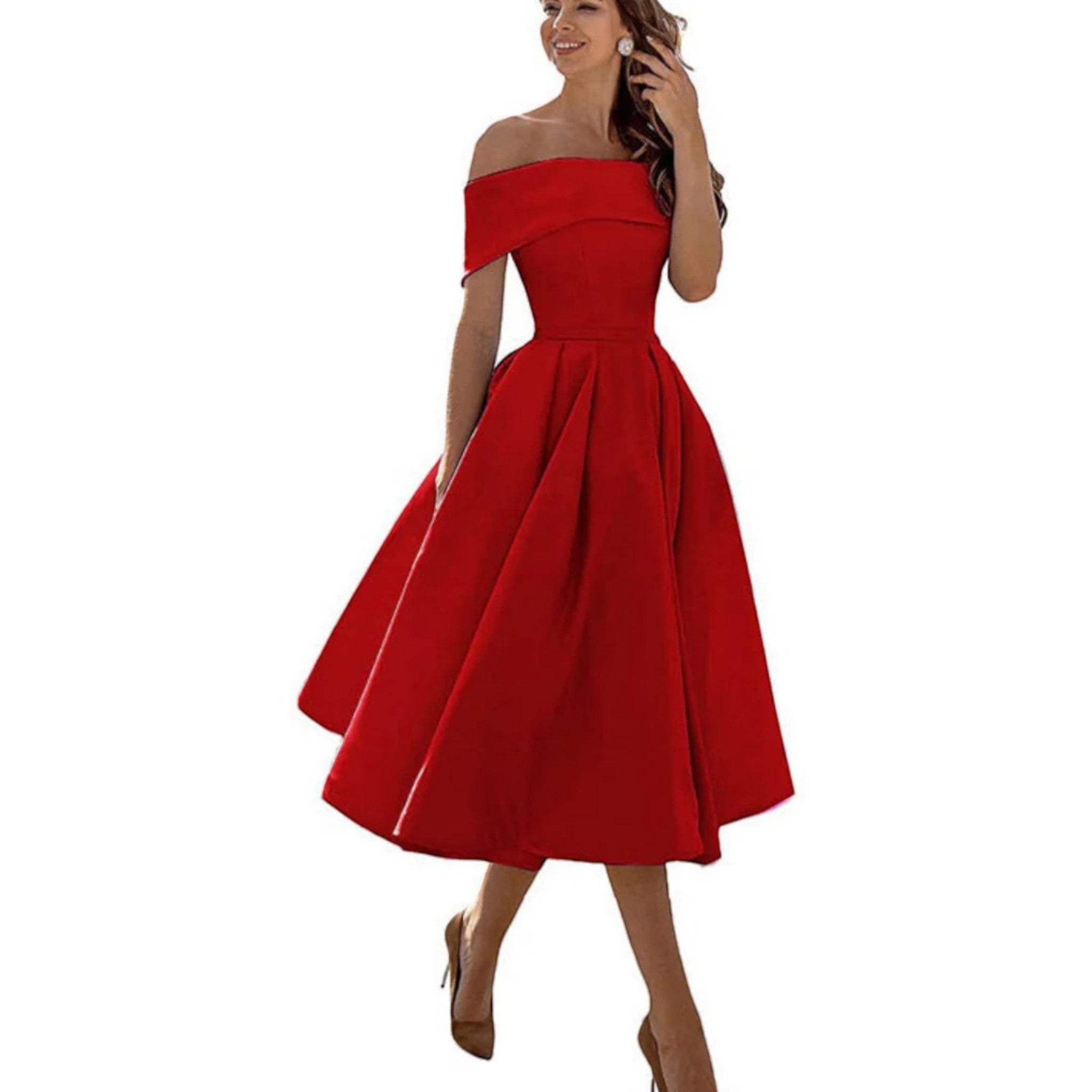 Women's off-shoulder midi cocktail dress in red with fitted bodice and full flared skirt.