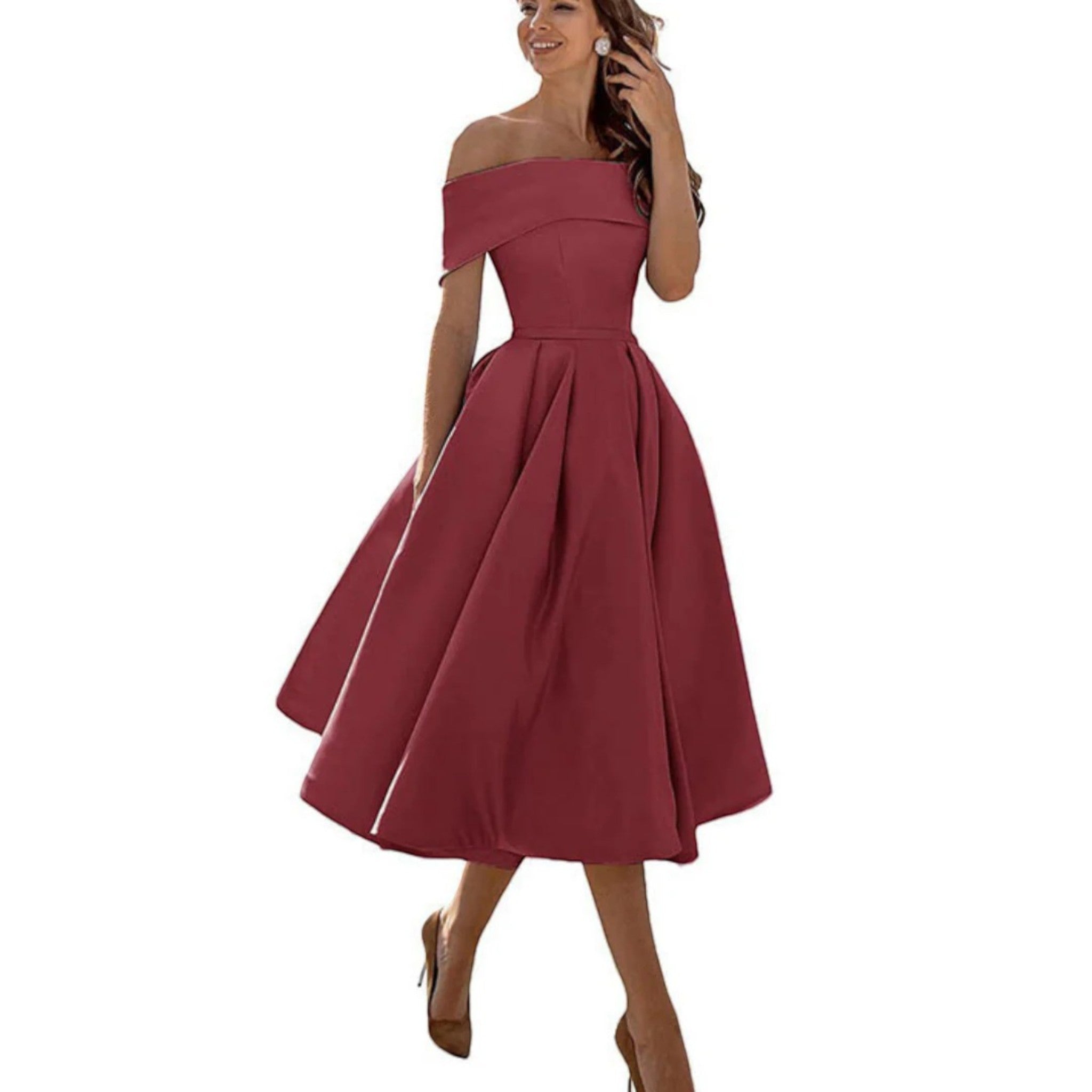 Women's off-shoulder midi cocktail dress in burgundy with fitted bodice and full flared skirt.