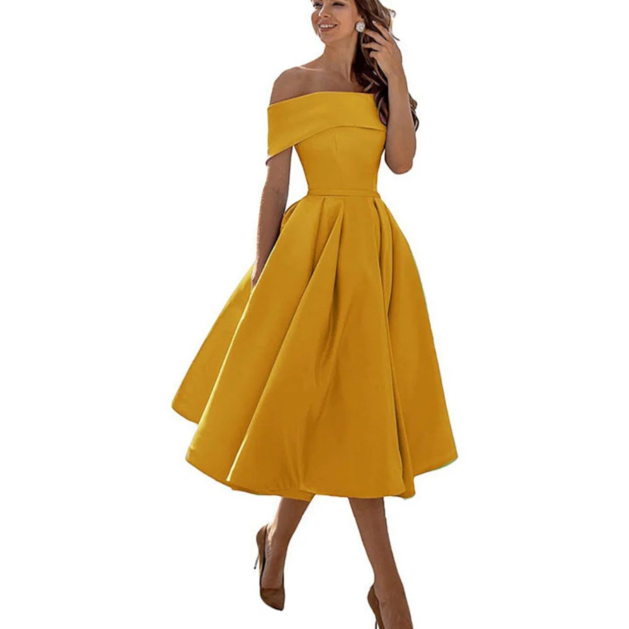 Women's off-shoulder midi cocktail dress in yellow with fitted bodice and full flared skirt.