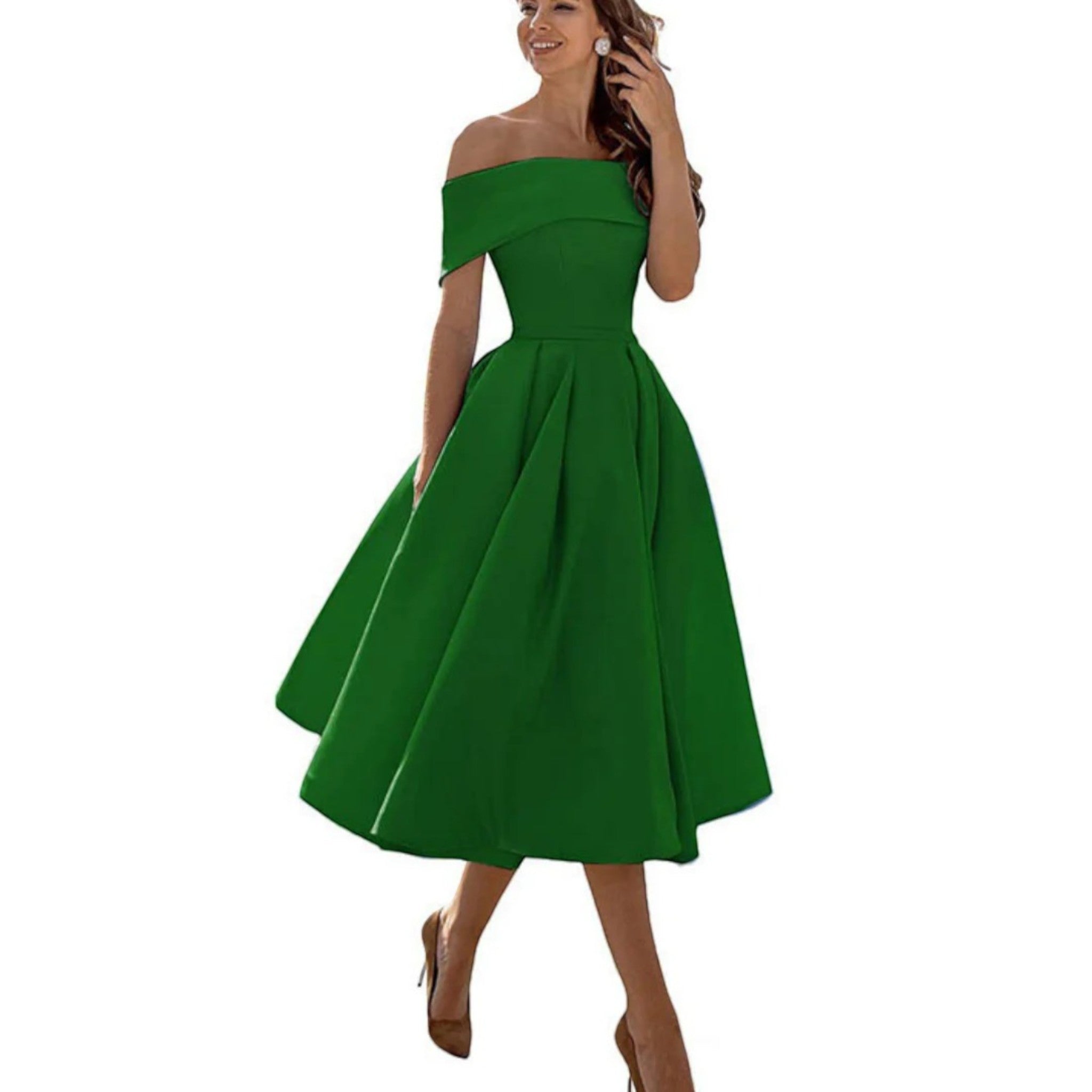 Off-shoulder midi cocktail dress in deep green, fitted off-shoulder top with pleated skirt.