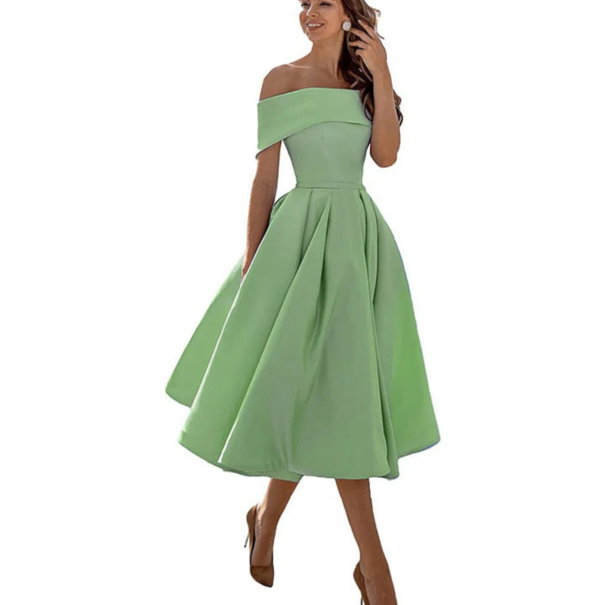 Off-shoulder midi cocktail dress in light green, fitted bodice with pleated flared skirt.