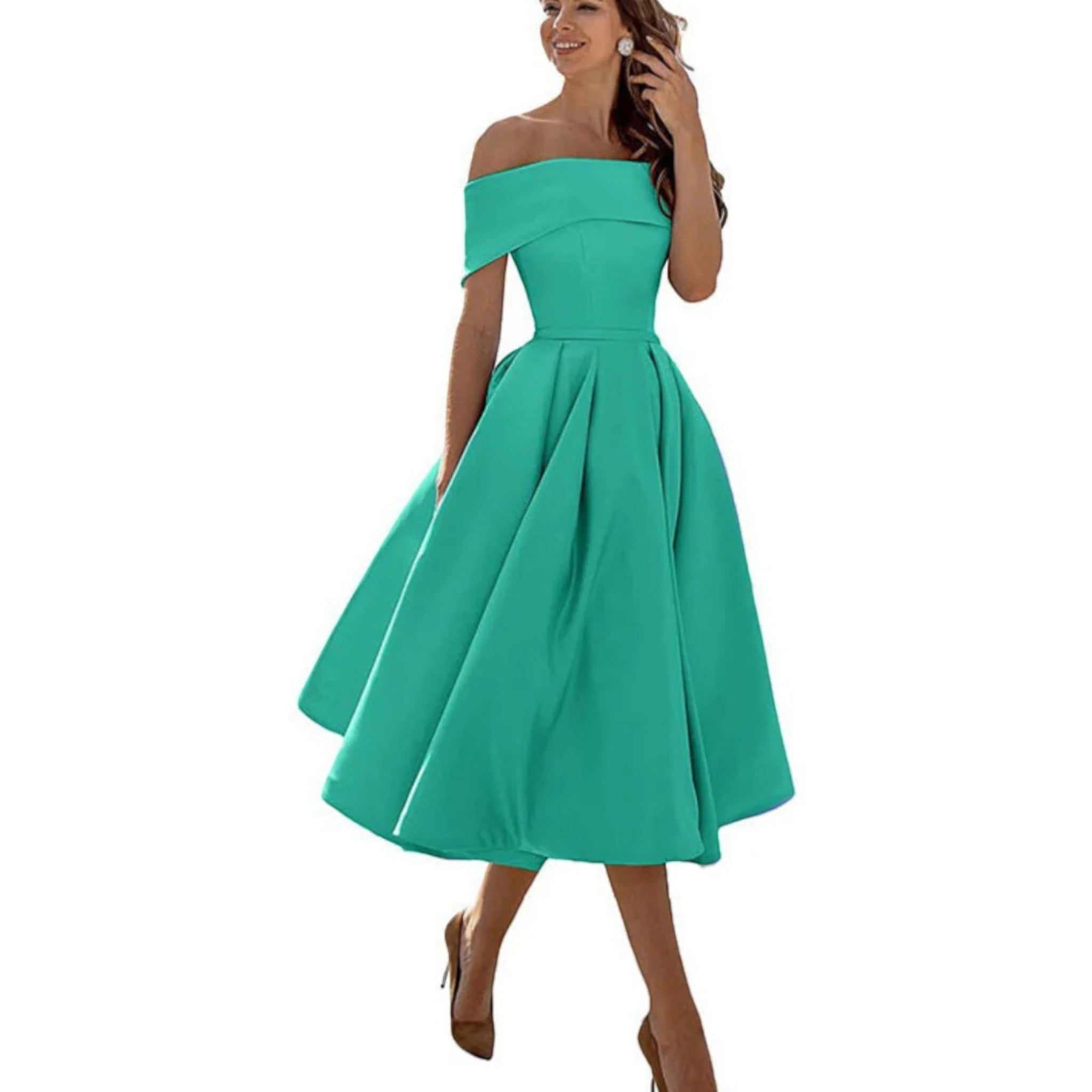 Off-shoulder midi cocktail dress in turquoise green, fitted bodice and pleated midi skirt.