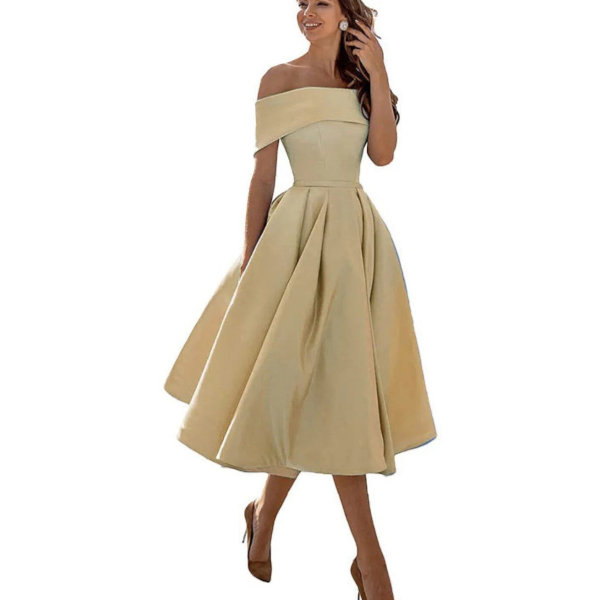 Women's off-shoulder midi cocktail dress in light khaki with fitted bodice and full skirt.