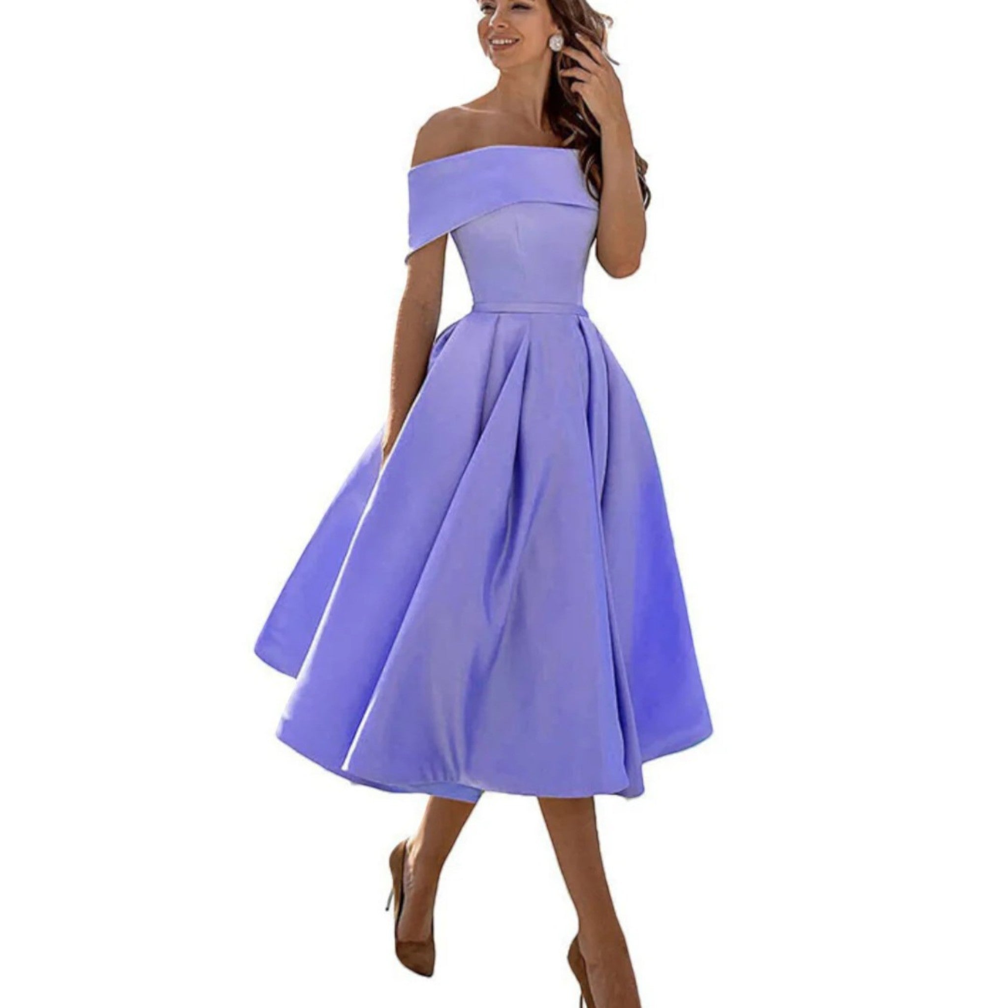 Women's off-shoulder midi cocktail dress in lavender with fitted bodice and full flared skirt.