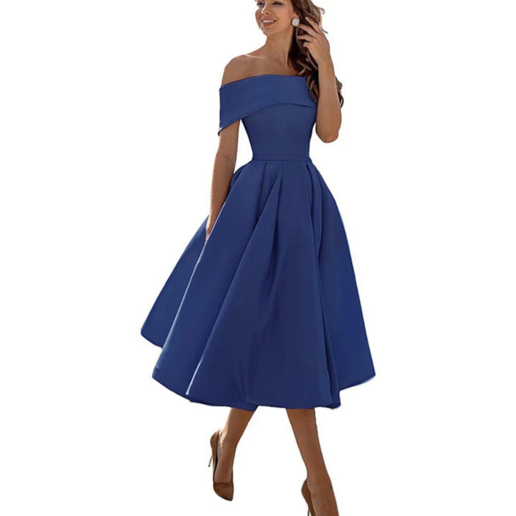 Women's off-shoulder midi cocktail dress in navy blue with fitted bodice and full flared skirt.