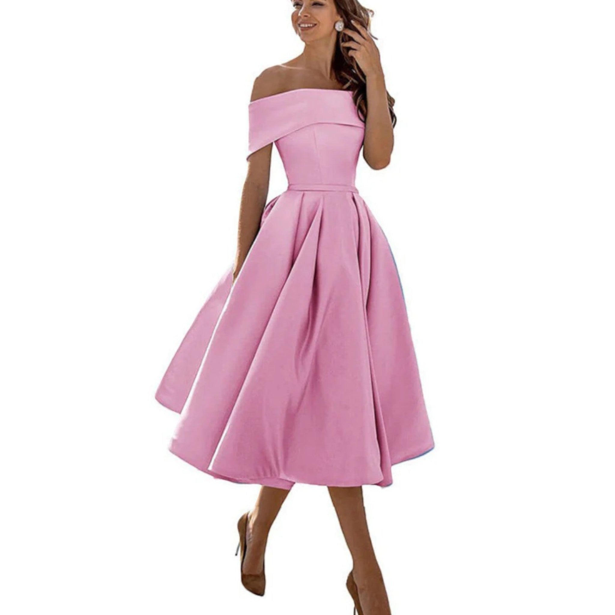 Women's off-shoulder midi cocktail dress in blush pink with fitted bodice and full flared skirt.