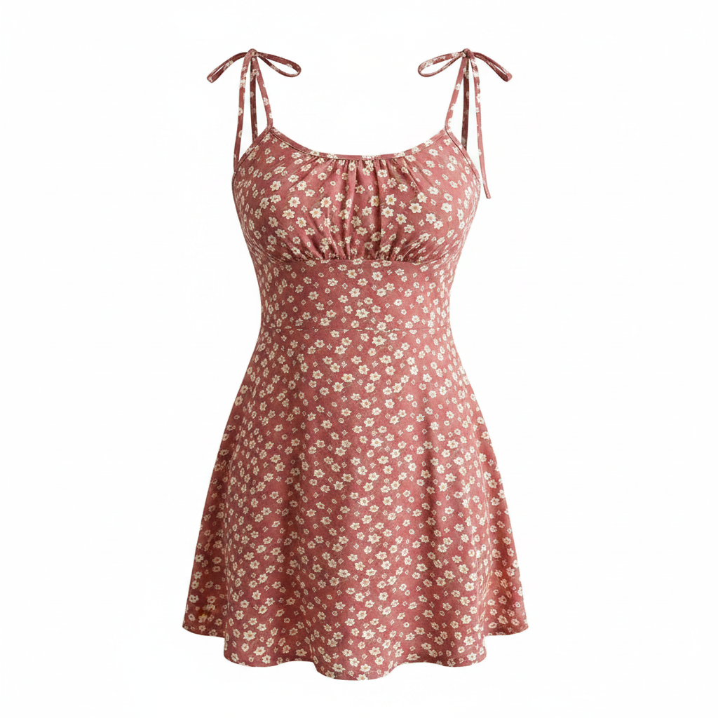 Rust floral sleeveless mini dress with tie straps and gathered bodice