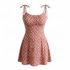Rust floral sleeveless mini dress with tie straps and gathered bodice