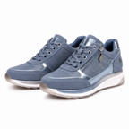 Blue lace-up sneakers with side zip, perforated toe panel, and white sole