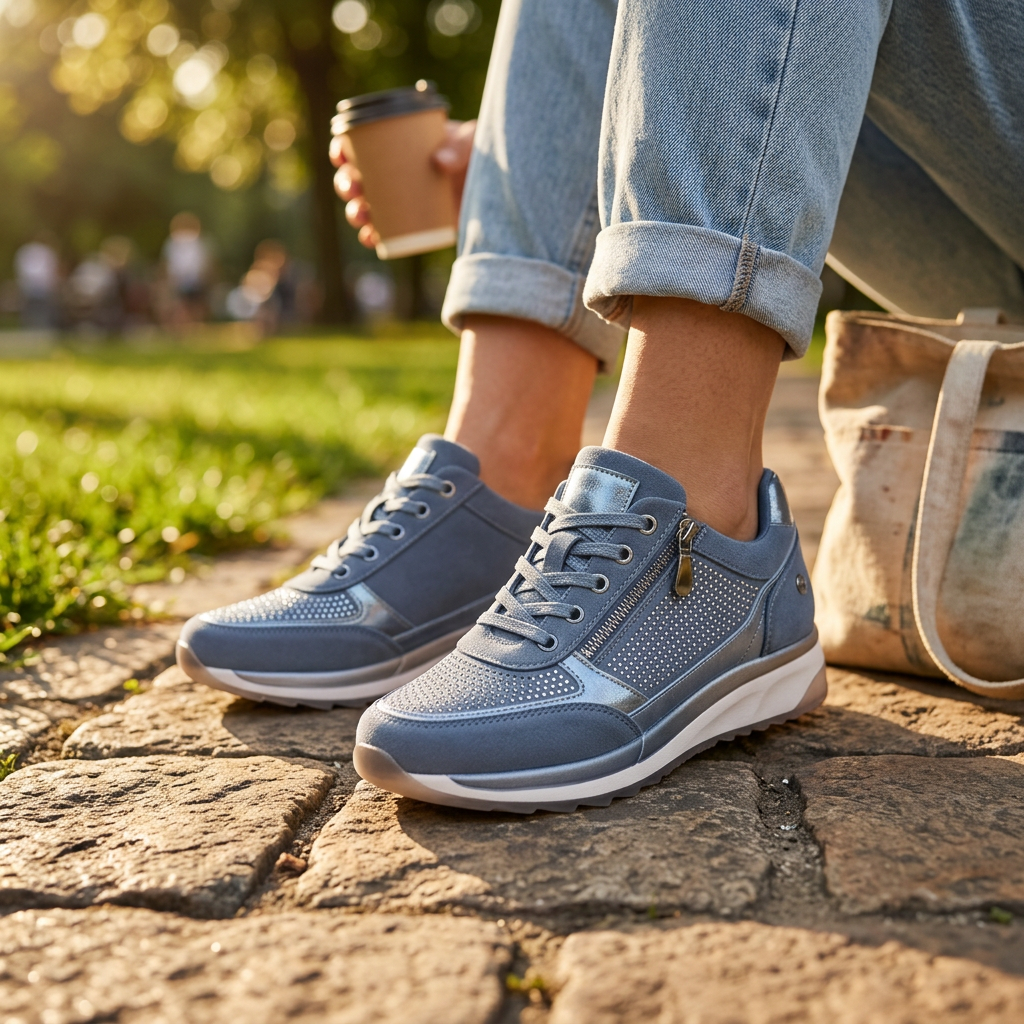 Blue lace-up padded sneakers with cushioned sole and perforated side panels