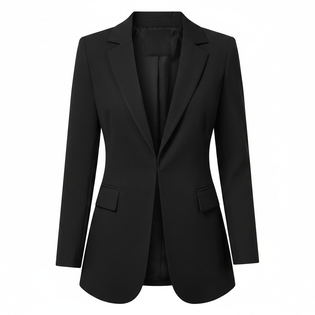 Black long women's blazer with notched lapels, tailored fit, structured front pockets