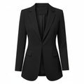Black long women's blazer with notched lapels, tailored fit, structured front pockets