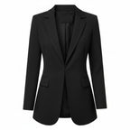 Black long women's blazer with notched lapels, tailored fit, structured front pockets