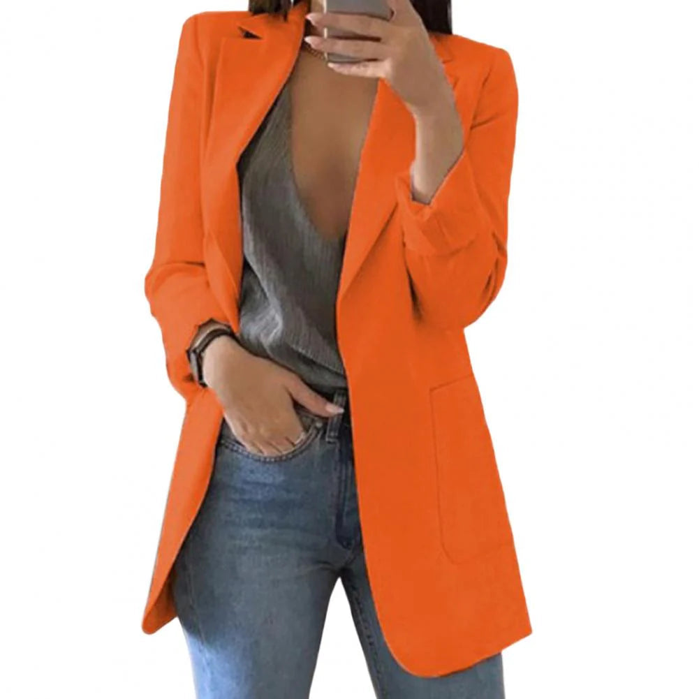 Orange long women's blazer with notched lapels, tailored fit, structured front pockets