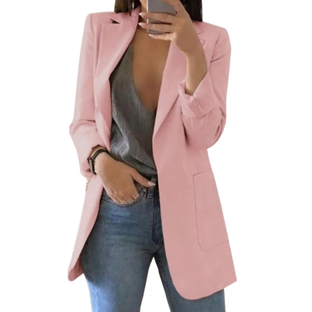 Pink long women's blazer with notched lapels and tailored fit, structured front pockets