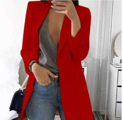 Red long women's blazer with notched lapels, tailored fit, structured front pockets