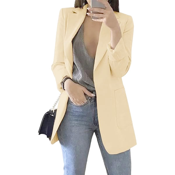 Cream long women's blazer with notched lapels, tailored fit, structured front pockets
