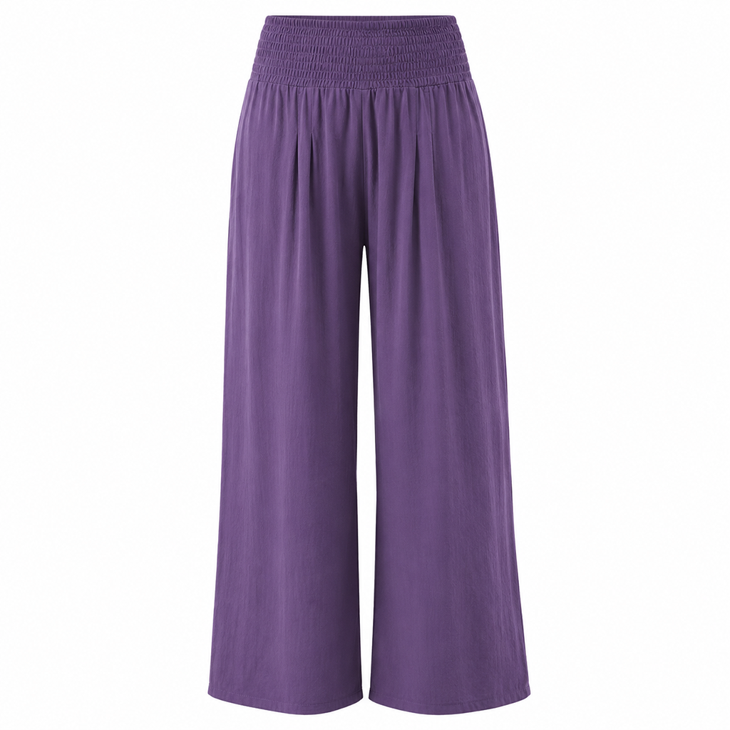 Women's high waist wide-leg trousers in purple with gathered elastic waistband