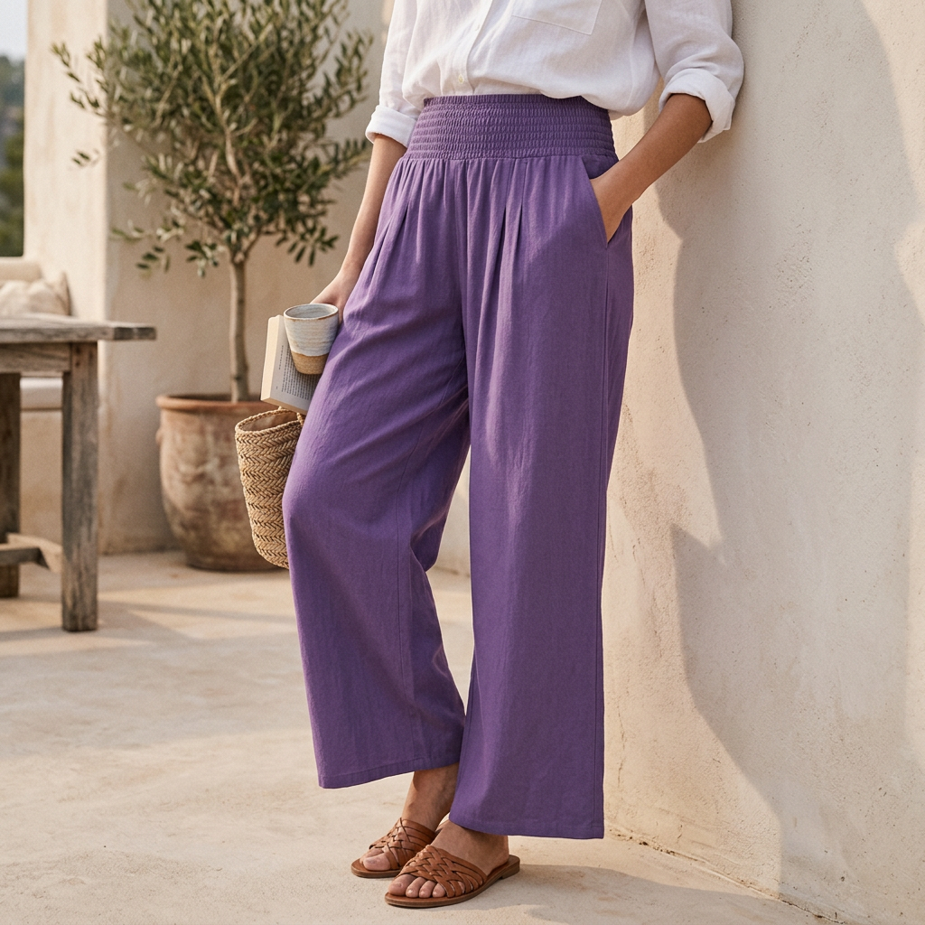 Purple high-waist wide-leg trousers with gathered elastic waistband, full length