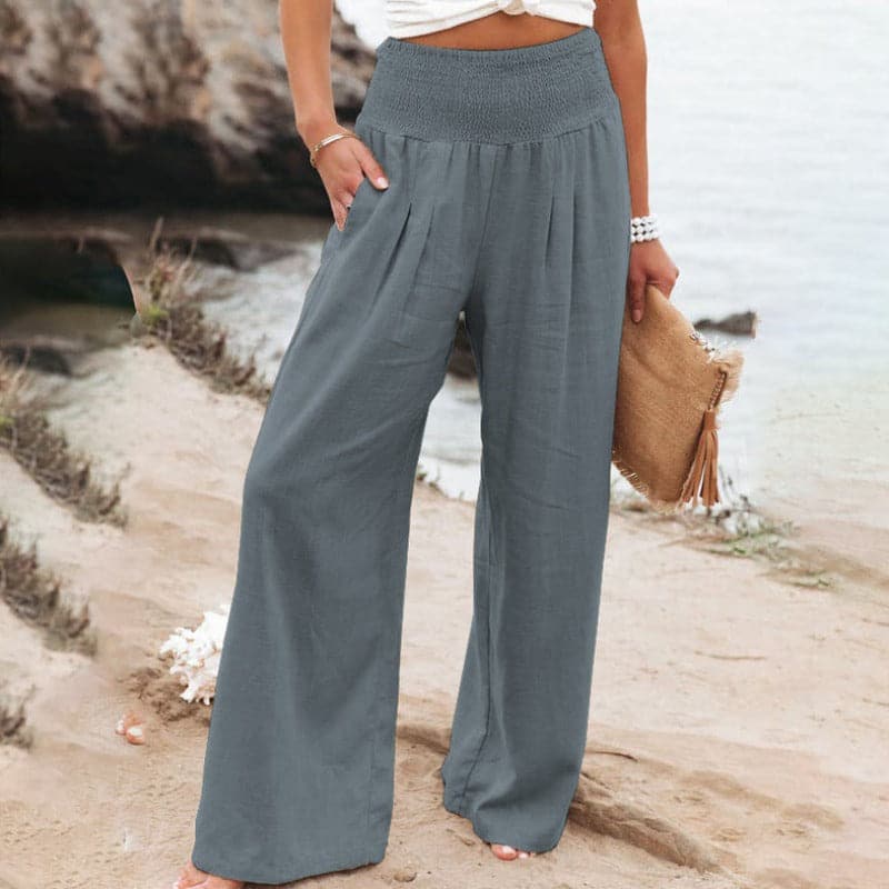 Women’s smocked draped wide-leg pants, slate grey