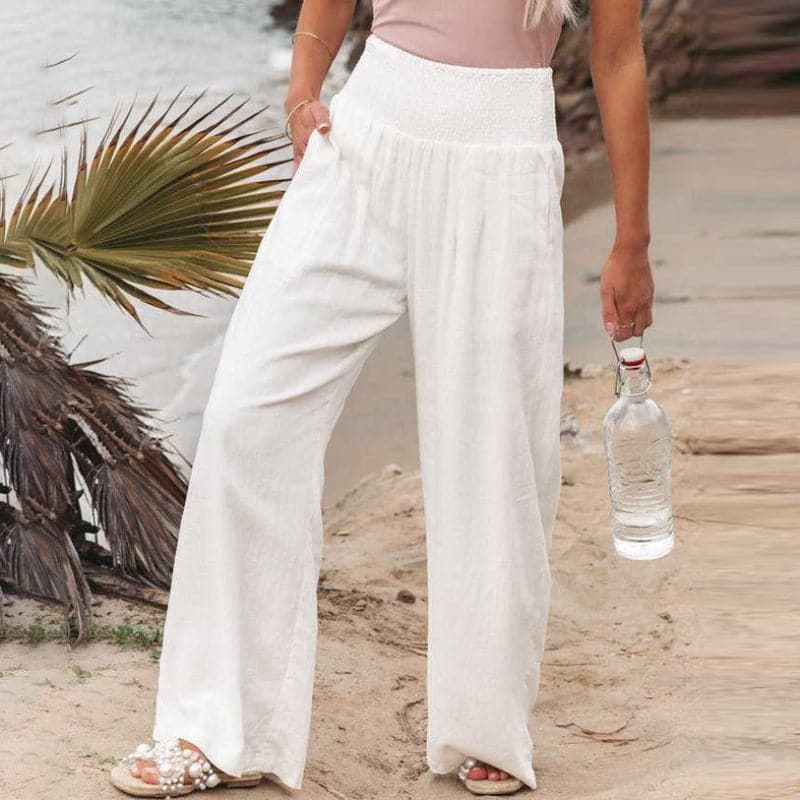 Women’s smocked draped wide-leg pants, white