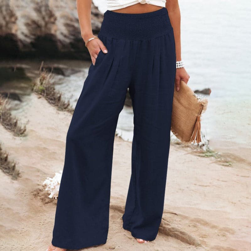 Women’s smocked draped wide-leg pants, navy