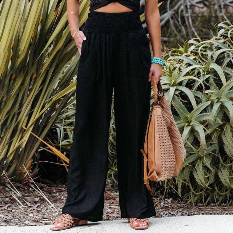 Women’s smocked draped wide-leg pants, black