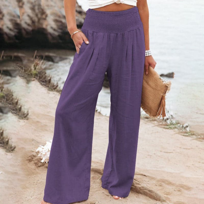 Women’s smocked drape wide-leg pants in deep purple, gathered elastic waist