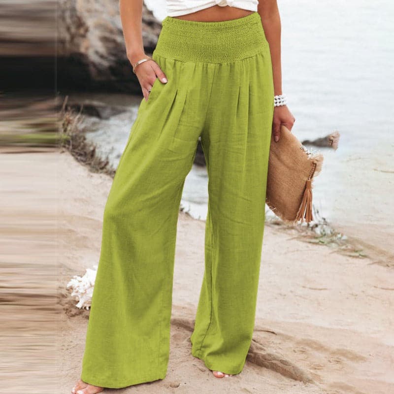 Women’s smocked drape wide-leg pants in lime green, gathered elastic waist