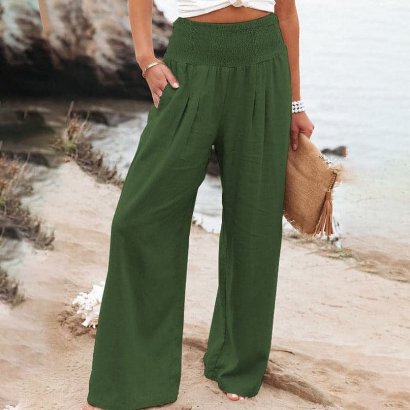 Women’s smocked drape wide-leg pants in dark green, smocked elastic waistband