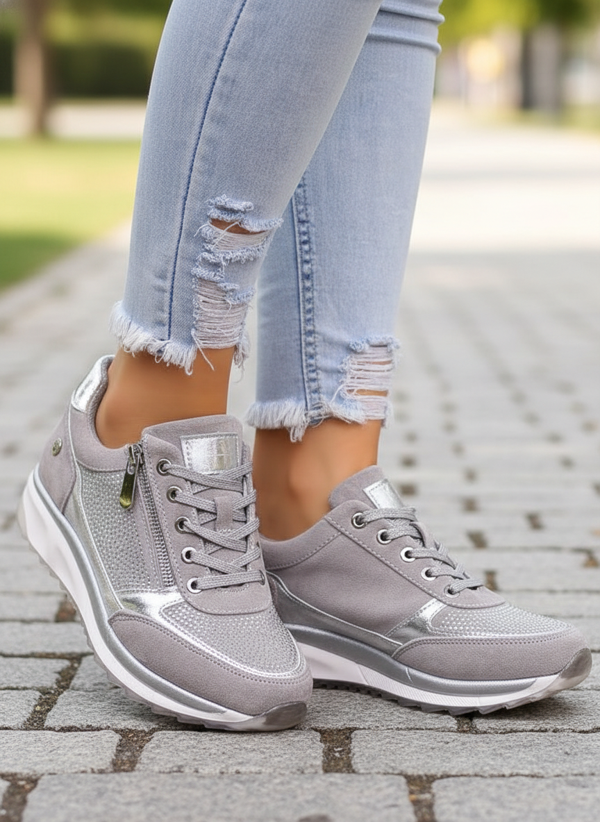 Amore women's silver-gray sneakers, lace-up style with side zipper detail