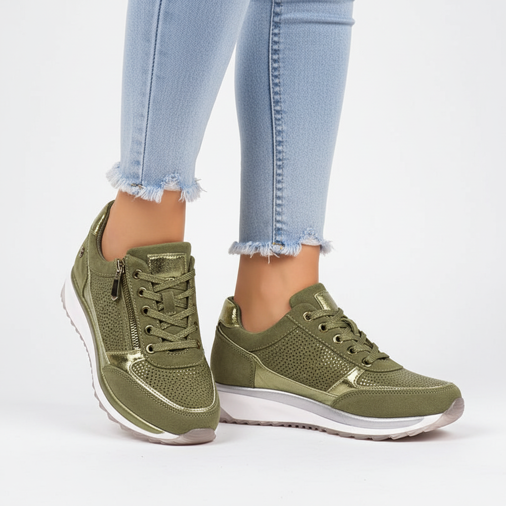 Olive green women's lace-up sneakers with cushioned sole