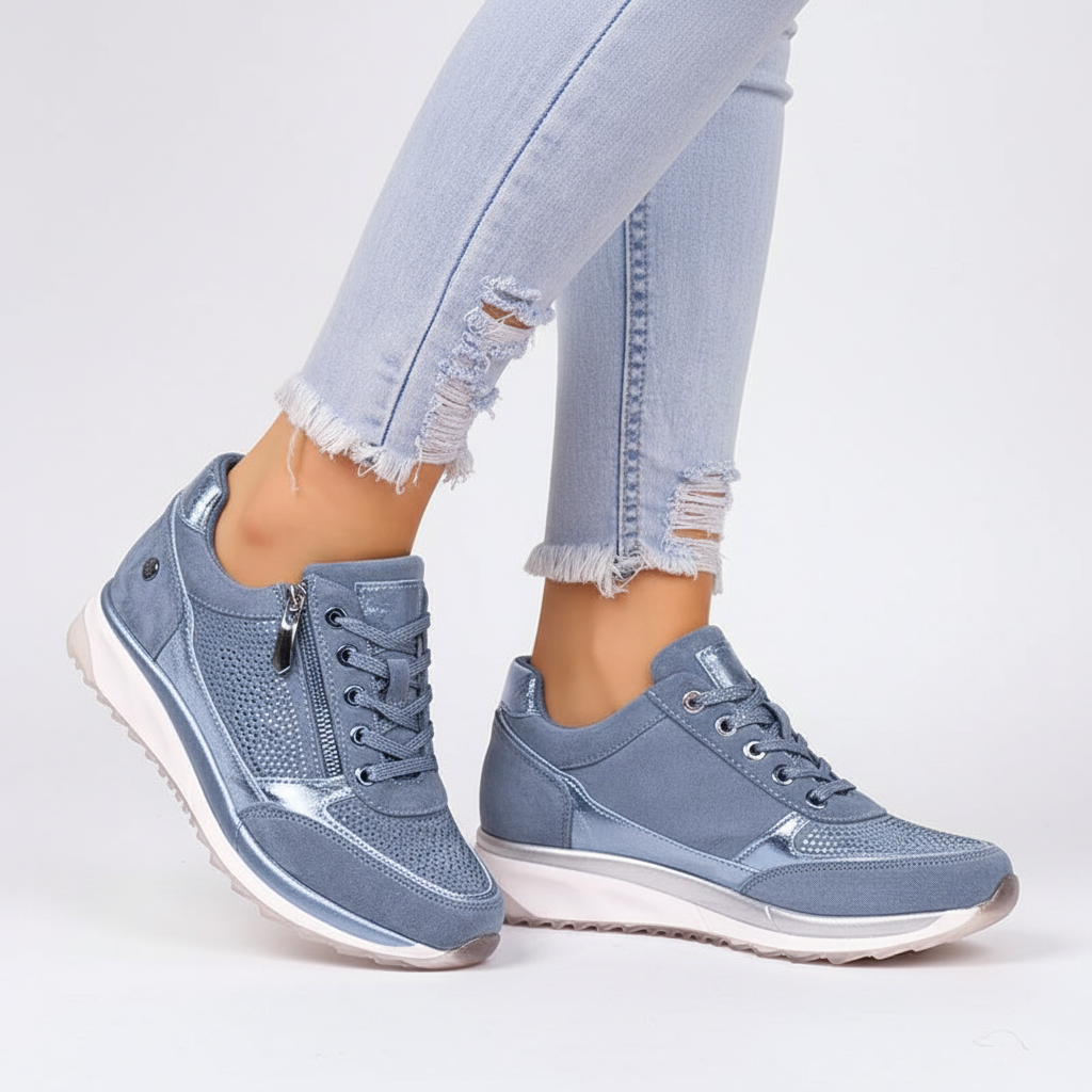 Blue women's lace-up sneakers with metal-look finish and cushioned sole