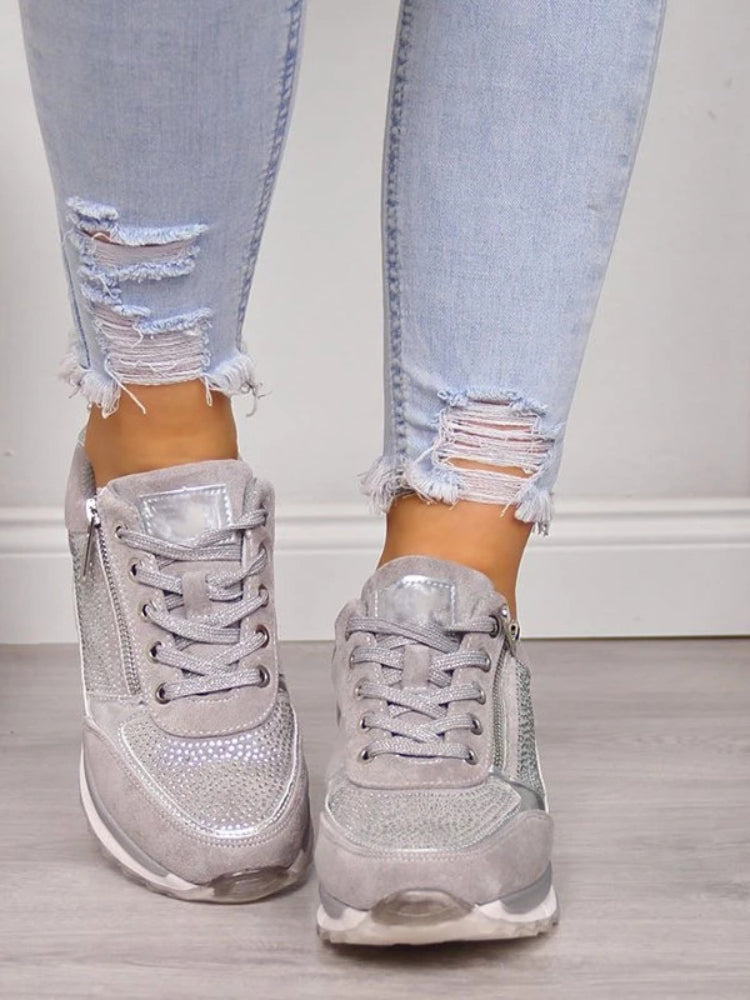 Amore women's silver-gray sneakers with lace-up front and metallic shine