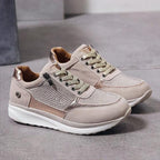 Amore women's light beige sneakers with lace-up front and white rubber sole