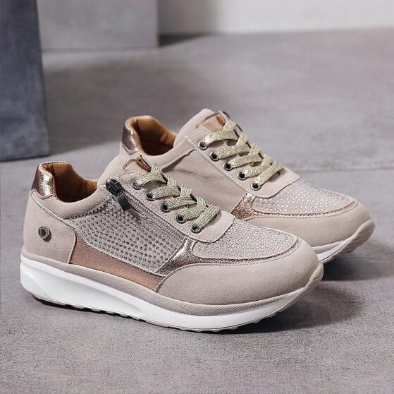 Amore women's light beige sneakers with lace-up front and white rubber sole