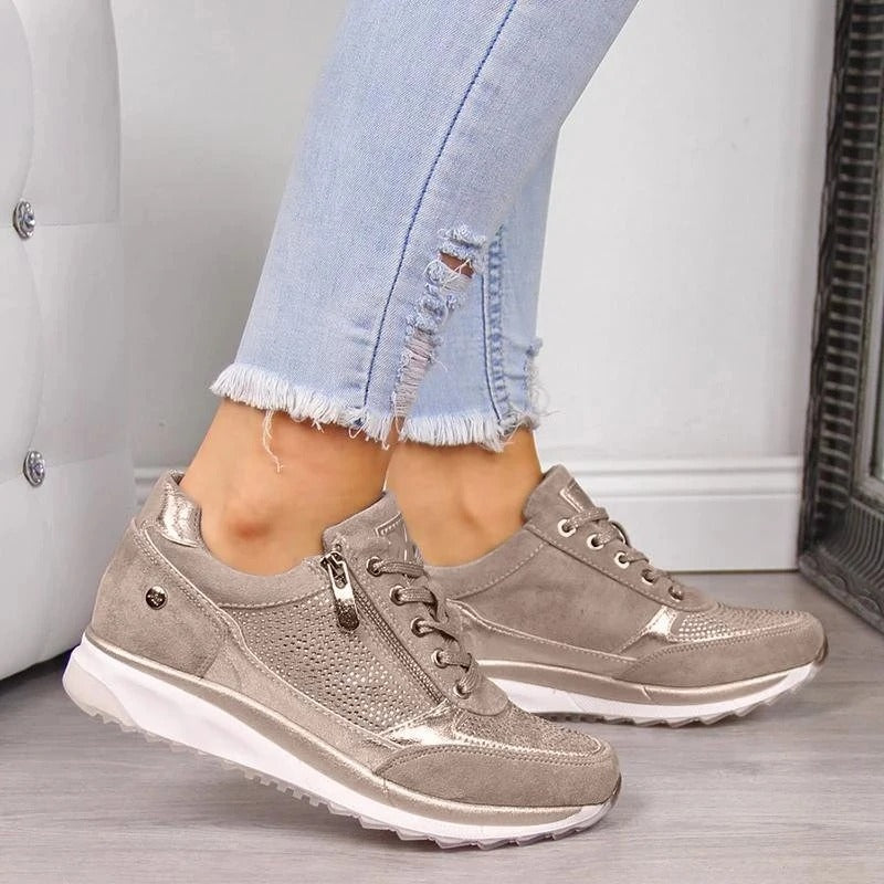 Amore women's silver-gray sneakers with lace-up front and padded high-top feel
