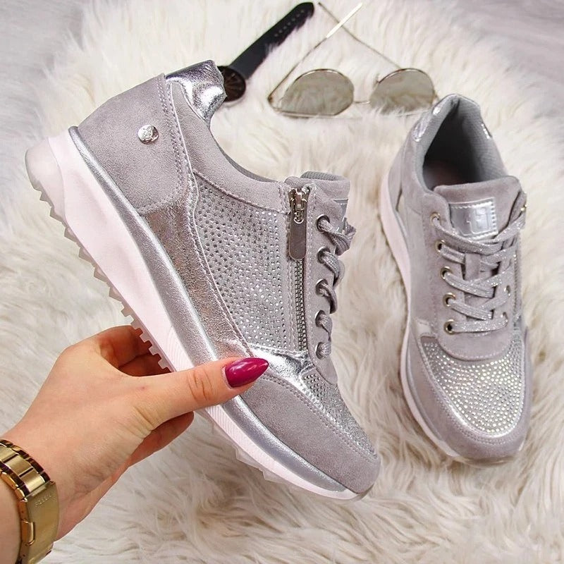 Amore women's silver-gray sneakers with side zipper and lace-up closure