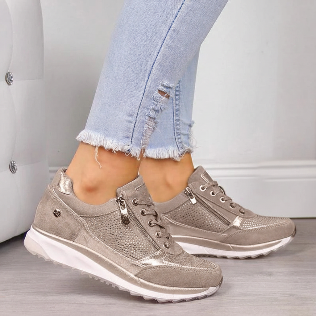Amore women's silver-gray sneakers with lace-up front and cushioned padded collar